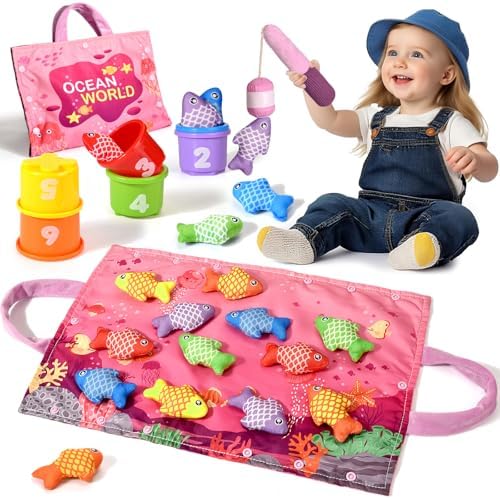 Montessori Toys for 1 Year Old - 20PCS Cloth Toddler Pink Fishing Game with Stacking Cups,Baby Color Sorting Toy 12-18 Months One Year Old Birthday Gift,Best Easter Gifts for 1-3 Year Olds by Alsatic