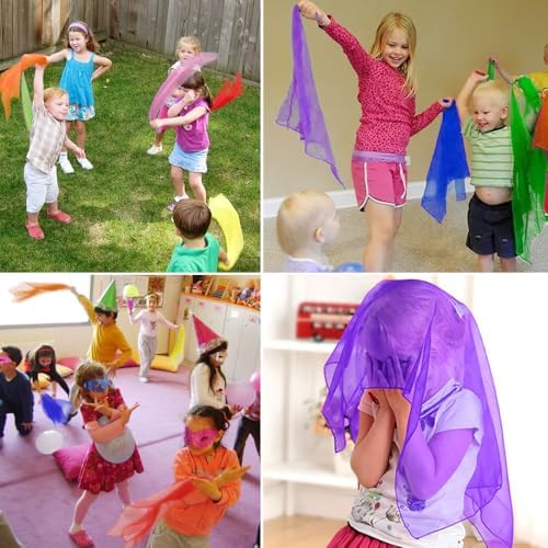 Juggling Scarves, 14 PCS Dance Scarves for Kids Play 7 Colors Silk Scarve for Toddlers Children Movement Music Scarf Magic Tricks Performance Props Accessories Rhythm Band Scarfs 24 x 24 Inch - Image 6