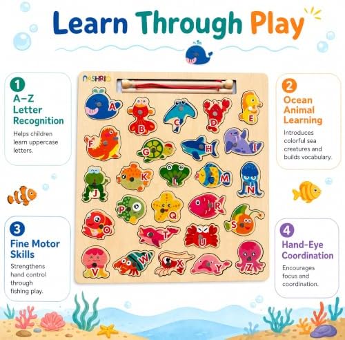 NASHRIO Magnetic Wooden Alphabet Fishing Game for Kids Ages 3-5, ABC Letter Puzzle Board with 26 Sea Animal Pieces, Preschool Learning Fine Motor Toy for Boys Girls 3 4 5 - Image 4