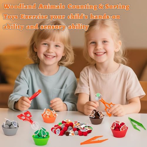 EZdhuawuse Woodland Animals Sensory Bin Fillers - 266Pcs Summer Animals Fine Motor Toys Sorting Stacking Toys for Kids, Felt Fox Bear Pom Poms Cup Clip for Preschool Education Development Activity - Image 3