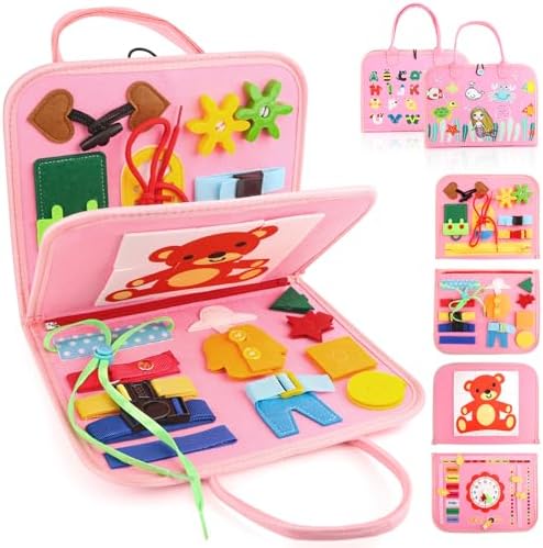 Children Busy Board, Montessori Sensory Toys for Boys, 3-8 Year Old Girl Kids Travel Toys, Educational Learning Activities Board for Motor Skills, Birthday Gifts for Airplane Car, Pink by Unknown