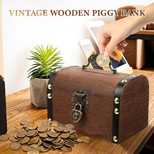 Wooden Treasure Chest Storage Box Wooden Money Storage Box Piggy Bank Organizer with Lock and Keys Gift for Kids and Adult - Image 5