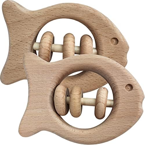 Adventure Awaits! - 2 Pack - Wooden Fish Rattle for Toddlers & Babies, Montessori Baby Rattles Teething Toys by AdventureAwaits