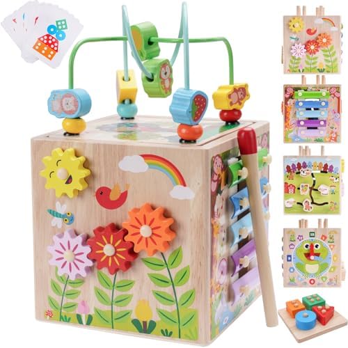 Wooden Activity Cube | Montessori Toys for 1 2 3 Year Old Toddler Gifts by KMTJT