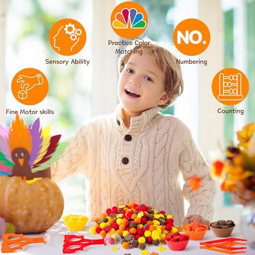 EZdhuawuse Fall Sensory Bin Fillers - 294P Fall Thanksgiving Fine Motor Toys Counting Sorting Set for Kids Autumn Counting Toy with Felt Maple Leaf Pom Poms Cup Clip for Preschool Education Activities - Image 6