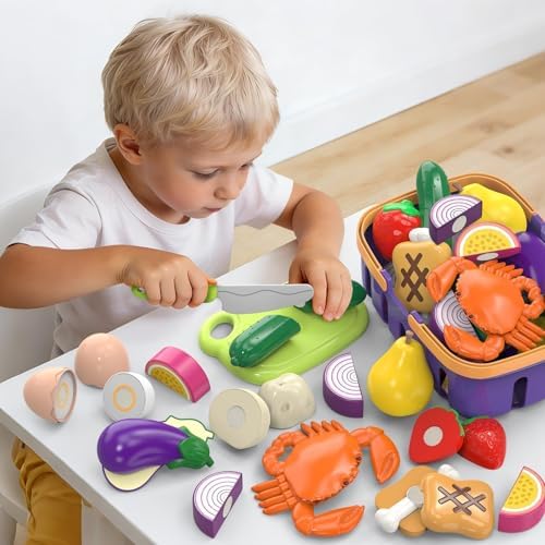 Cutting Play Food Toy with Grocery Basket, Pretend Play Kitchen Accessories - Image 6