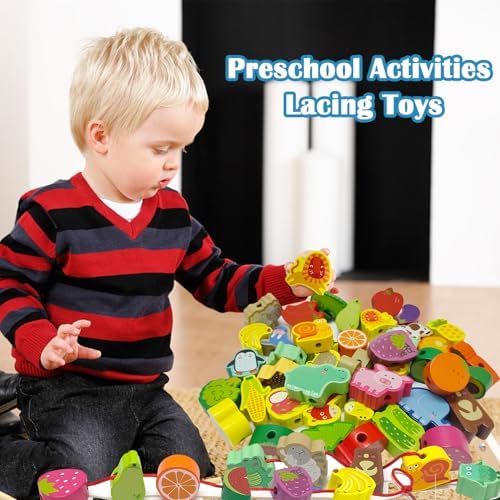 46 PCS Wooden Lacing Beads,Animals Fruits Threading Toys - Image 6