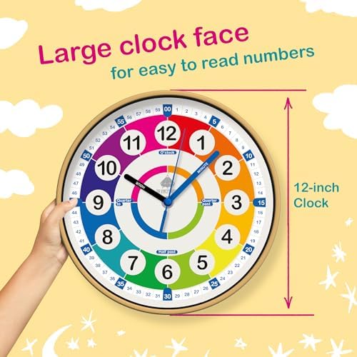 da Vinci's Room 12 Inch Silent Analog Telling Time Teaching Clock for Kids - Image 3