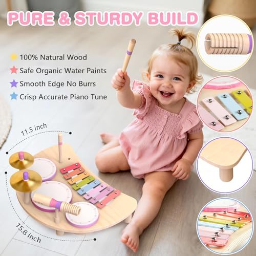 Kids Drum Set, Montessori Toys Wooden Musical Instruments for Baby Toddlers - Image 3