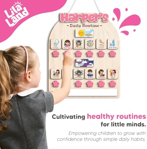 Personalized Wooden Chore Chart for Kids, Daily Routine Chart for Toddlers, Visual Schedule for Kids Age 3-5, Morning Bedtime Routine for Girls (02_1) - Image 5