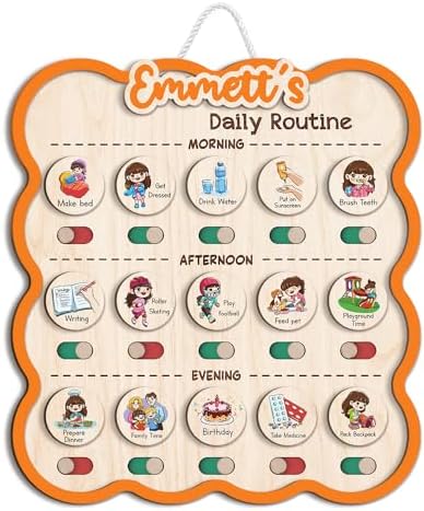 Personalized Wooden Chore Chart for Kids, Daily Routine Chart for Toddlers, Visual Schedule for Kids Age 3-5, Morning Bedtime Routine for Girls (06) by LilaLand