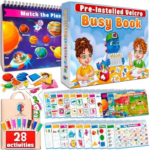 Curious 2 Learn Busy Book for Toddlers 3-5 – Montessori Preschool Learning Activities, Velcro Sensory Toy, Travel Toys Airplane Car, 28 Activities with Carry Bag & Markers – Pre-K Gift Boys Girls by Curious2Learn
