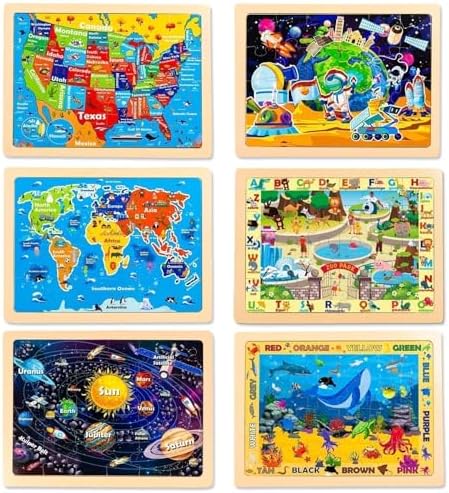 Wooden Puzzles for Toddlers 3-5,6 in 1 Jigsaw Wooden Solar System Puzzles for Ages 4-6,Preschool Educational Brain Toys Birthday Gifts for Boys and Girls 2 4 3 5 Year Old（World Map） - Image 2
