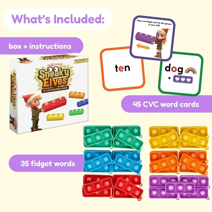 THE FIDGET GAME Sneaky Elves, CVC Sight Words Game, Pop Sensory Toy to Learn and Spell, Educational Kindergarten Classroom Activities, Multisensory Reading and Phonics Flash Cards for Kids 3+ Years - Image 3