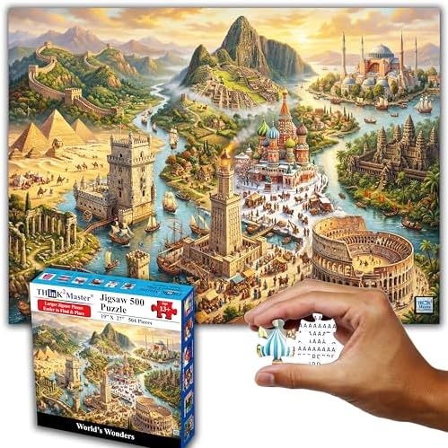 Think2Master World's Wonders 500 Pieces Large Format Jigsaw Puzzle: 13+, Teens, Adults & Families. Global Adventure to World’s Most Iconic Landmarks in an Imaginative Landscape. Size: 26.8” X 18.9” - Image 7
