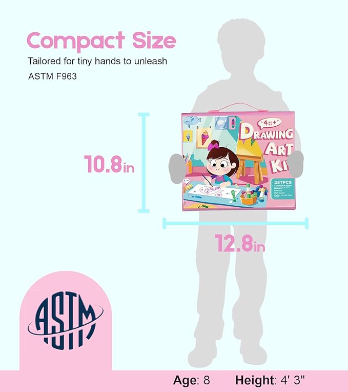 237-Piece Kids Art Set with Double-Sided Easel, Painting Kits for Kids Ages 4-8, Non-Toxic Art Supplies for Girls & Boys, Drawing Set with Watercolor, Oil Pastels, resent for Young Artists-Pink