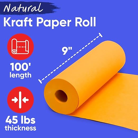 9" x 1200" USA-Made Orange Kraft Paper Roll, 45 Lbs/66 GSM Thickness, American Quality Colored Roll Paper for School, Bulletin Board, Crafts - Odorless, Non-Toxic, Safe for Kids