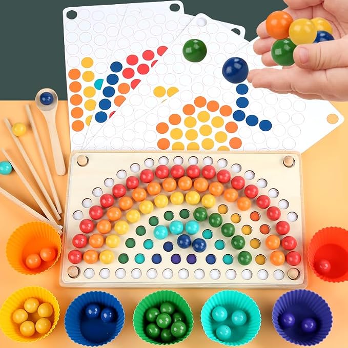 Practical Life Skill Sponging Chopsticks Tonging Job/Work, Wooden Pegboard Beads Color Matching Game Toy, Rainbow Toy Montessori Primary Classroom, Boys and Girls Gift 3 Years & up - Image 5