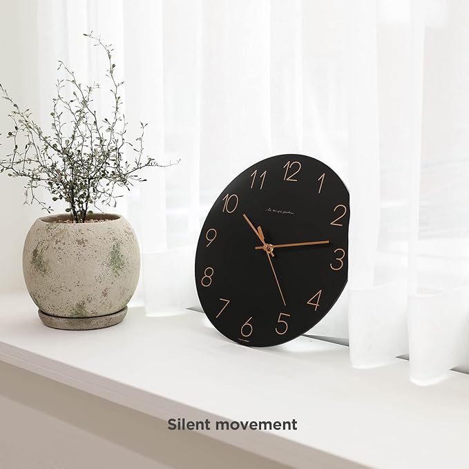 mooas Flatwood Wall Clock (Black),12" Non-Ticking Sweep Movement - Image 7