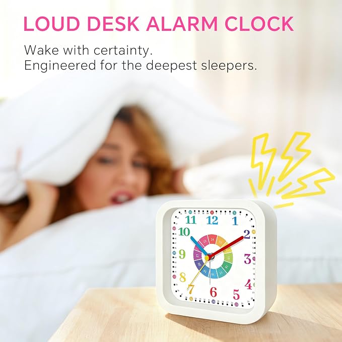 Modern Silent Analog Battery Operated Alarm Clock, 4.5" Loud Alarm Clock for Heavy Sleepers with Unique Dial & Numbers, Plastic Desk Learning Clock for Kids Bedroom Classroom Dorms, White - Image 4