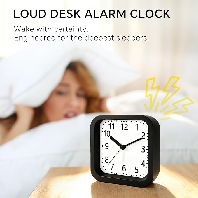 Loud Alarm Clock for Heavy Sleepers, 4.5" Simple Square Analog Alarm Clocks with Silent Movement Battery Operated Easy-to-Read Dial, Plastic Small Desk Clock for Bedroom Teens Seniors, Black - Image 4