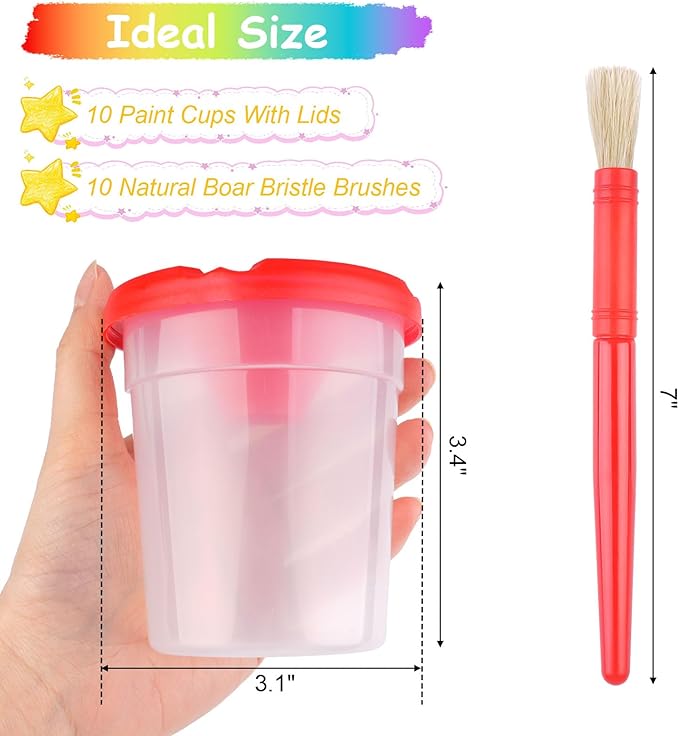 Mkobon 10 PCS No Spill Paint Cups with Colored Lids and Brushes for Kids, Spill Proof Paint Brush Cleaner Cup, Toddler Water Cups for Painting, Arts and Crafts Supplies, for Acrylic Paint, Watercolor
