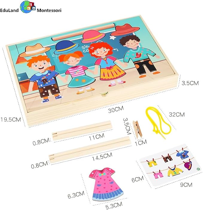 Montessori Practical Life Clothes Hanging Job, Laundry Activity Set with Rope Strings, Clothespins & Dress-Up Air Drying Game Airing Clothes for Toddlers Kids Ages 2-6, Classroom Educational Toy Gift - Image 9