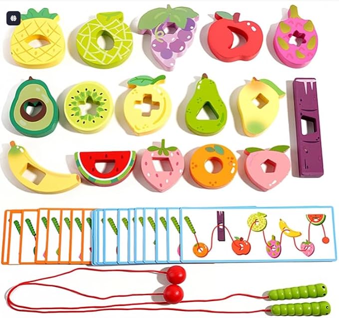 Wooden Greedy Caterpillar Lacing Toy, Montessori Threading & Stringing Toy with 20 Pattern Cards, Fine Motor Skills Educational Travel Gifts for Kids Ages 3+ by Unknown
