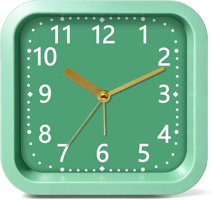 Simple Analog Loud Alarm Clock for Heavy Sleepers, 4.5" Square Plastic Silent Battery Operated Alarm Clocks with Easy Read Dial, Desk Clock for Bedroom Adults Seniors College Students, Green by Noubnea