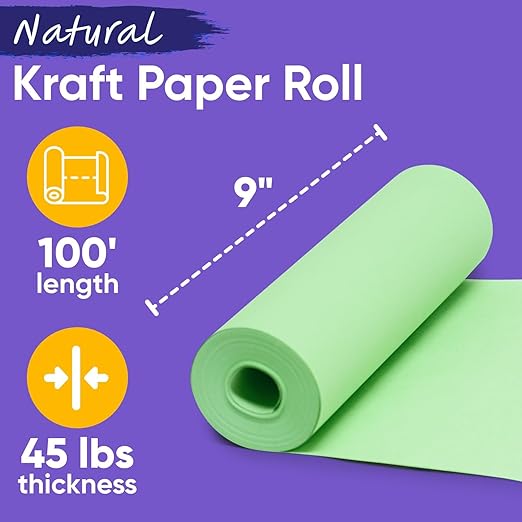 9" x 1200" USA-Made Light Green Kraft Paper Roll, 45 Lbs/66 GSM Thickness, American Quality Colored Roll Paper for School, Bulletin Board, Crafts - Odorless, Non-Toxic, Safe for Kids