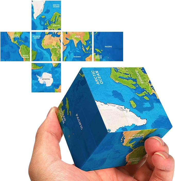 World Map 3D Cube Educational Toy, Geography Learning Puzzle, 6 Continents and Oceans by XINGLETOYS