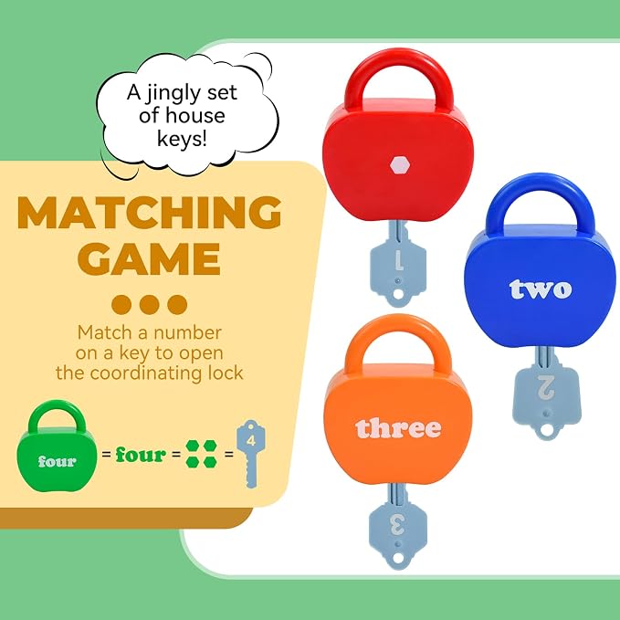 GEERAY Cause and Effect Toys for Toddlers 3 4 5, Montessori Lock & Key Set with 5 Apple-Shaped Locks, Keys & 10 Cards – Numbers Matching & Counting, Preschool Learning Games Gifts - Image 4
