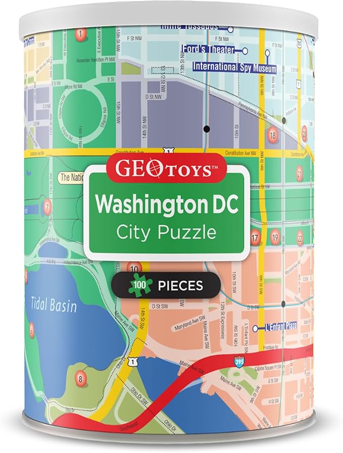 Geotoys Washington, D.C. Mini Puzzle - 100 Piece Puzzles for Kids and Adults in Portable Can, 13" x 10" Educational Travel Puzzle for Ages 7 and Up - Mini Puzzles to Learn & Explore Geography by Geotoys