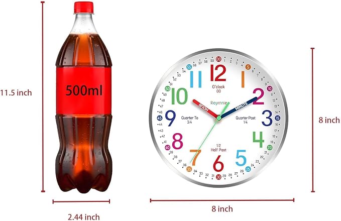 Roymnie Wall Clock for Kids Learning Battery Operated Teaching Silent 8" - Image 4