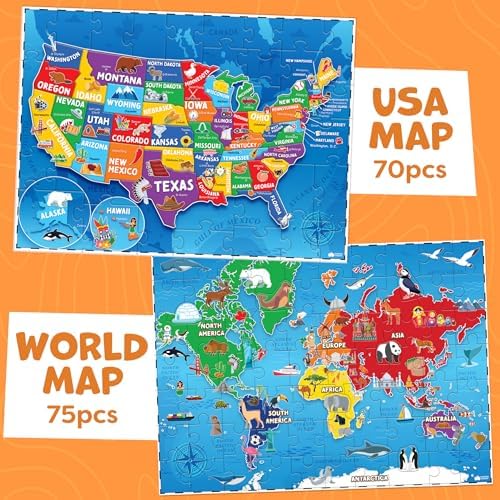 Puzzles for Kids Ages 4-6-8-145pcs World Map & United States Puzzle - Educational Toys for 4+ Year Old - Kids Puzzles Ages 5-8 - Puzzle Games for Kids Ages 5-8 - Gifts for 4 Year Old Girl, Boys - Image 6