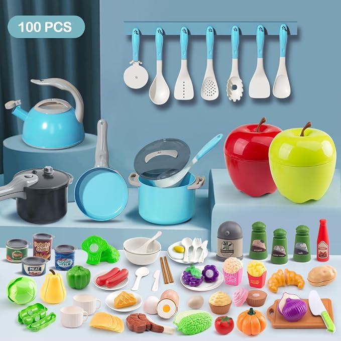 100Pcs Kitchen Playset, Kids Pretend Cooking Play Pots, Pans, Utensils, Cookware, Toy Food Fruits Veggies, with 2 Large Apple - Shaped Storage, Toddler Cooking Learning Gift (Turquoise) - Image 2