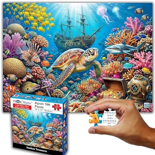 Think2Master Sunken Treasures 500 Pieces Large Format Jigsaw Puzzle: 13+, Teens, Adults & Families. Giant Sea Turtles, Sharks, Lion Fish, Pirate Ship & Tropical Fish Great Gift. Size: 26.8” X 18.9” by Think2Master