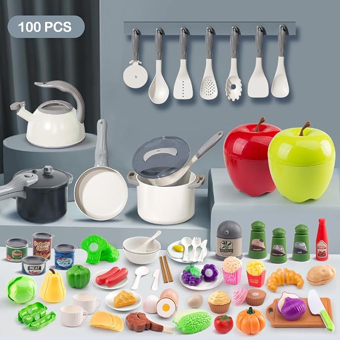 100Pcs Kitchen Playset, Kids Pretend Cooking Play Pots, Pans, Utensils, Cookware, Toy Food Fruits Veggies, with 2 Large Apple - Shaped Storage, Toddler Cooking Learning Gift (White) - Image 2