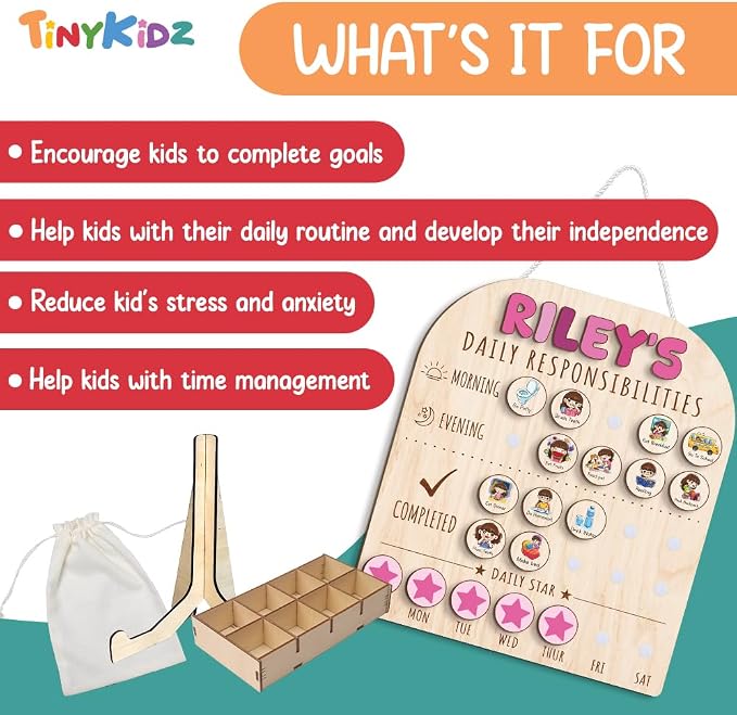 Personalized Wooden Chore Chart for Kids 15x17", Visual Schedule, Routine Chart for Kids, Morning Bedtime Routine Chart for Toddlers Ages 2-4, Daily Kids Schedule Board for Home (11) - Image 4