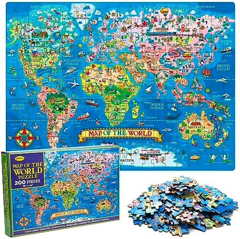 200 Pieces World Map Jigsaw Puzzle for Kids Ages 4-8, Environmental Recyclable Cardboard, Portable, Hand-Eye Coordination, Spark Educational Conversations by NANXJIUR