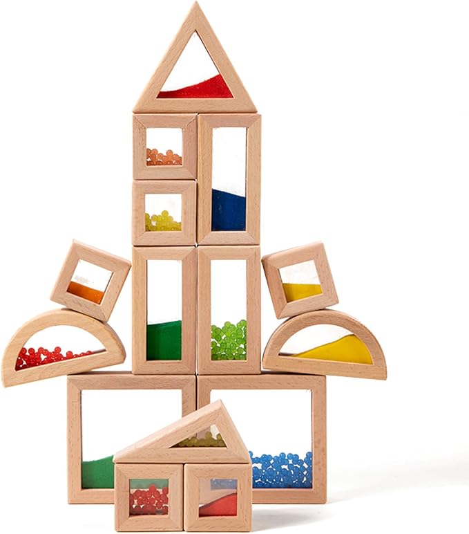Dinhon 15pcs Baby Building Blocks for 12+ Months - Pine Wood with Sand & Beads, Extra-Large Burr-Free Translucent Rainbow, Toddler Educational Stacking Toys (Multi-Shapes) by Dinhon