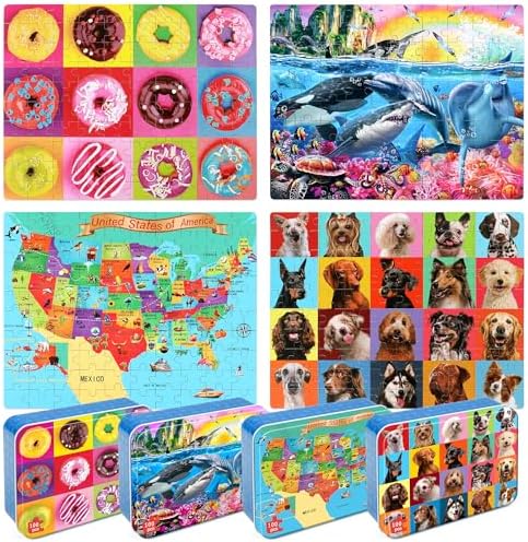 LELEMON Puzzles for Kids Ages 4-6,4-Pack 100 Piece Puzzles for Kids Ages 4-8 in a Metal Box,Dogs Donut USA Map Underwater World Educational Jigsaw Puzzles Puzzle Games Puzzle Toys for Girls and Boys by LELEMON