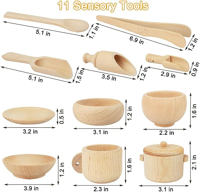 Montessori Sensory Bin Tools: 1 Wooden Box + 11 Sensory Tools for Toddlers & Preschool Children - Fine Motor Learning Pretend Play - Image 3