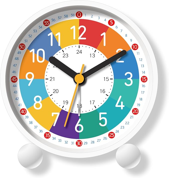 Analog Alarm Clock for Kids Learn to Tell Time with Colorful Dial, Silent Clock Movement, Battery Operated with Back-Light, for Kids,Teens, Travel and Nice Bedroom Decor (White) by TKCHAX