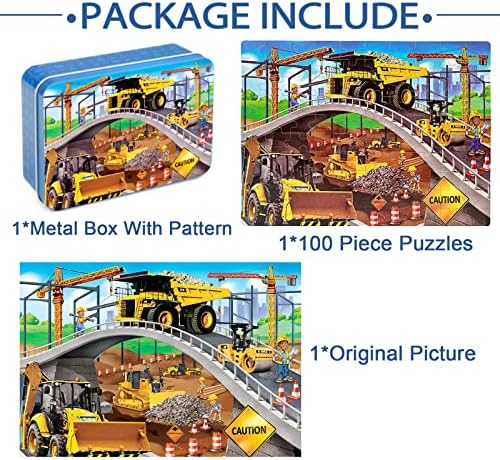 LELEMON Puzzles for Kids Ages 4-8,Construction Site 100 Piece Puzzles for Kids,Educational Kids Puzzles Jigsaw Puzzles in a Metal Box,Children 100 Piece Puzzle Games Puzzle Toys for Girls and Boys - Image 6