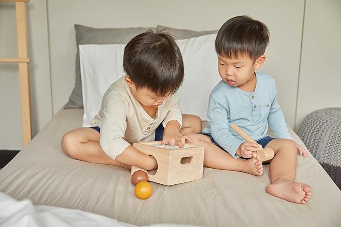 PlanToys® Punch and Drop Wooden Montessori Fine Motor and Cause and Effect Toy in Orchard Shade | Early Coordination and Tactile Learning Activity | Eco Friendly Hammer and Ball Set