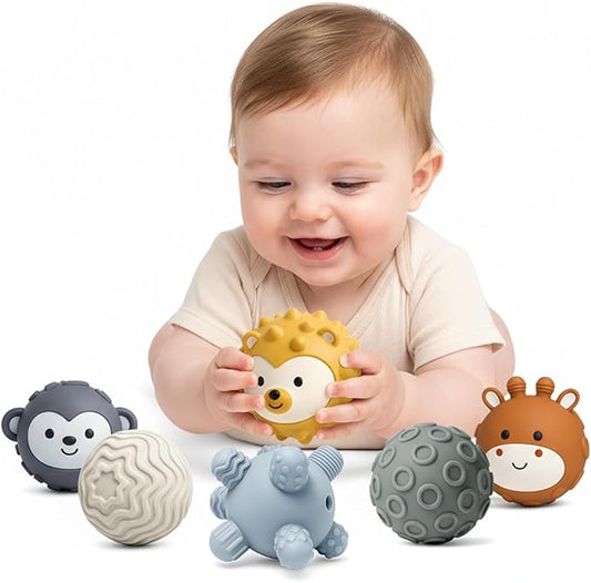 6-Pack Baby Sensory Balls, Textured & Animal Face Toddler Balls, BPA-Free Soft Teething Toys, Montessori Developmental Toys for Babies 6-12 Months, Christmas Gift for Infant