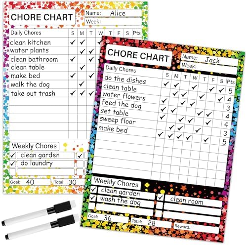 2 Pack Magnetic Chore Chart for Kids 12" x 9" Confetti Dry Erase Reward Chore Charts Weekly Behavior Responsibility Chores Board for Teens Adults Fridge Family Task Organization Home Rewards by Augisteen