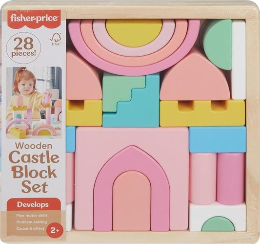 Fisher-Price Wood Toddler Toy Castle Block Set, 28 Wooden Pieces for Stacking Developmental Play Preschool Kids Ages 2+ Years