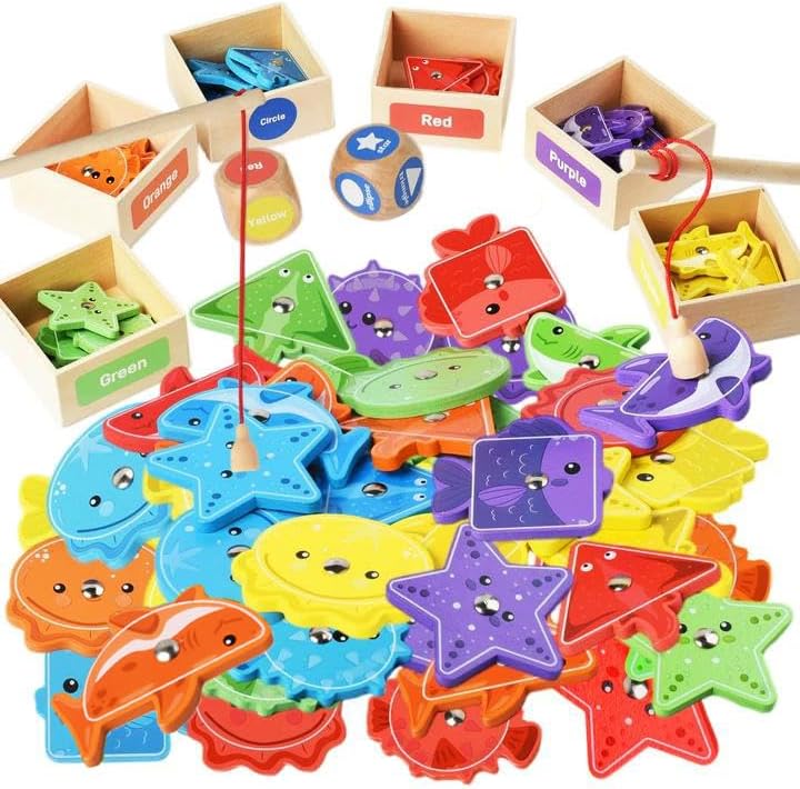 Montessori Fishing Game for Toddlers,Wooden Magnetic Fishing Game,Early Educational-Shape & Color Sorting Toy for Kid 3-5,Preschool Learning Fine Motor Skill,Classroom Matching Activity by LearnfromPlay